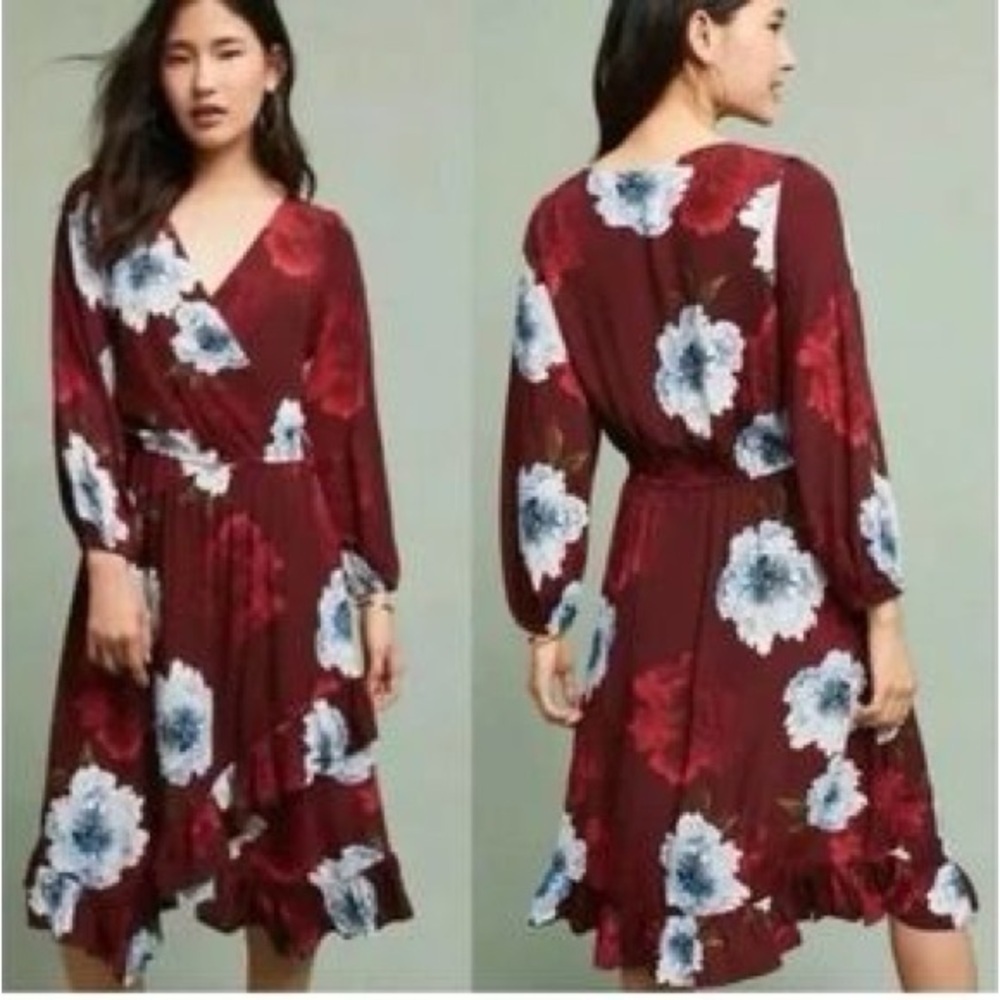 Plenty by Tracy Reese Red Floral Wrap Front Ruffle Knee Length Dress
